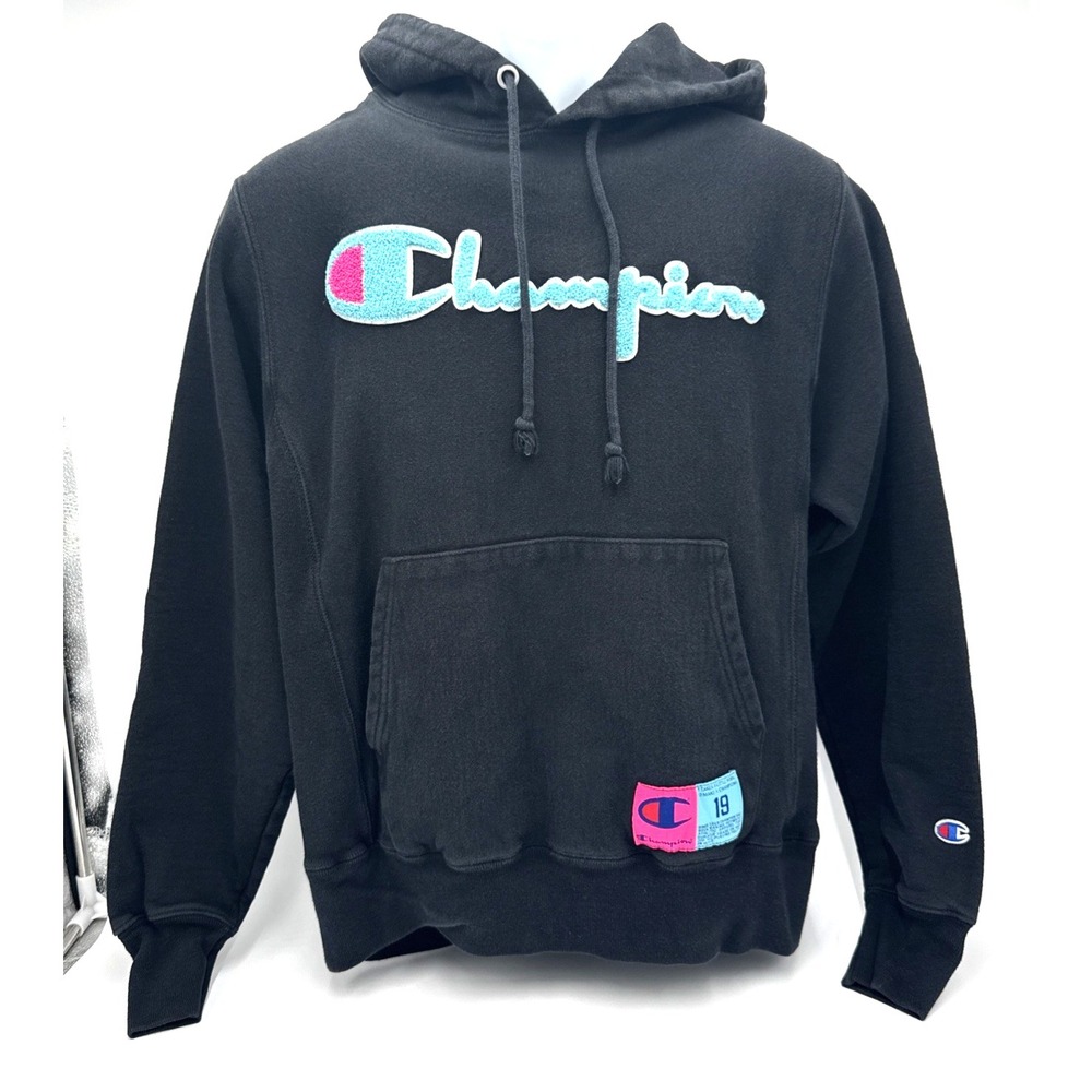Champion Reverse Weave Hoodie Adult Sz Sm Black Neon Blue Pink Retro Sweatshirt